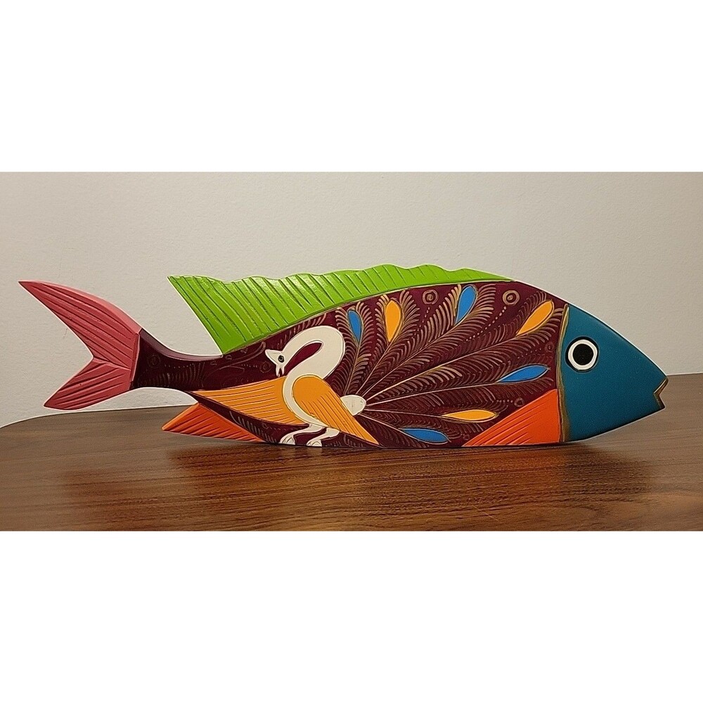Vintage Mexican FOLK ART Hand Carved Painted  20"x6" Wood FISH